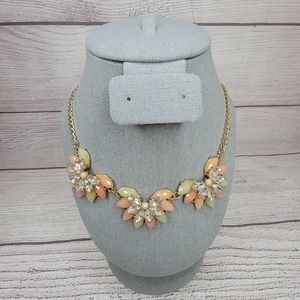 Orange, green, gold, flower statement necklace